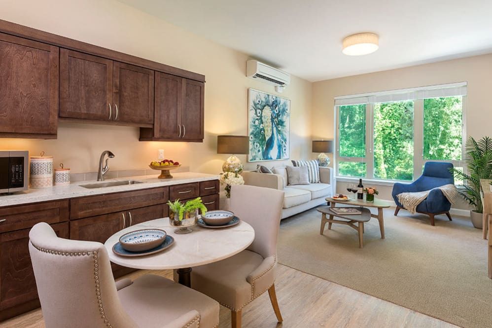 A cozy living space with an open kitchen, dining area, and ample natural light streaming through large windows.