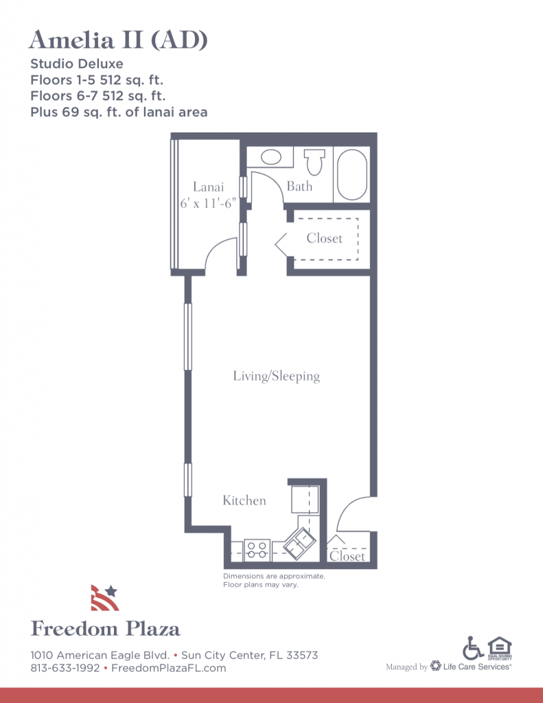 A floor plan of a studio apartment showing the layout of rooms and living space.