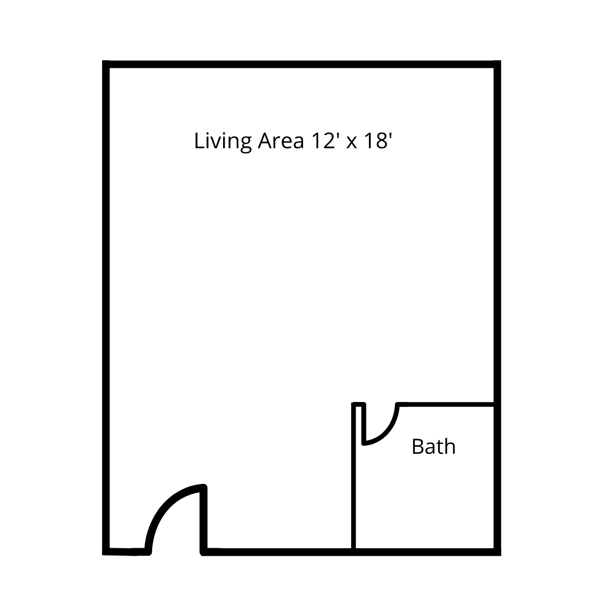 Simple floor plan of a studio apartment with a living area and bath.