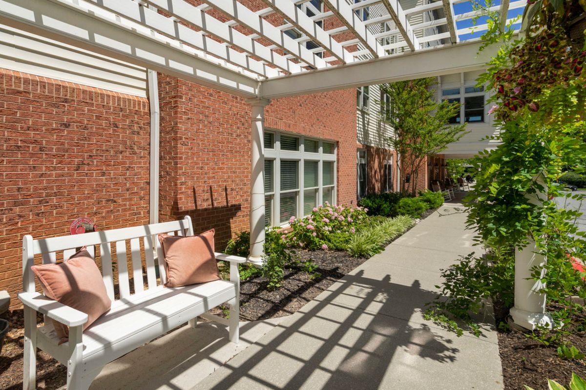 A peaceful garden setting with a white bench under a pergola, casting intricate shadows on the walkway.