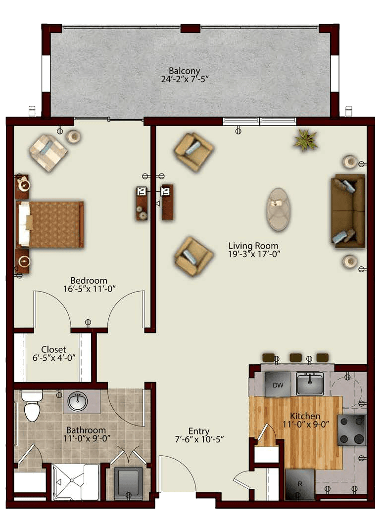 A floor plan of a one-bedroom apartment featuring a living room, kitchen, bathroom, and balcony.