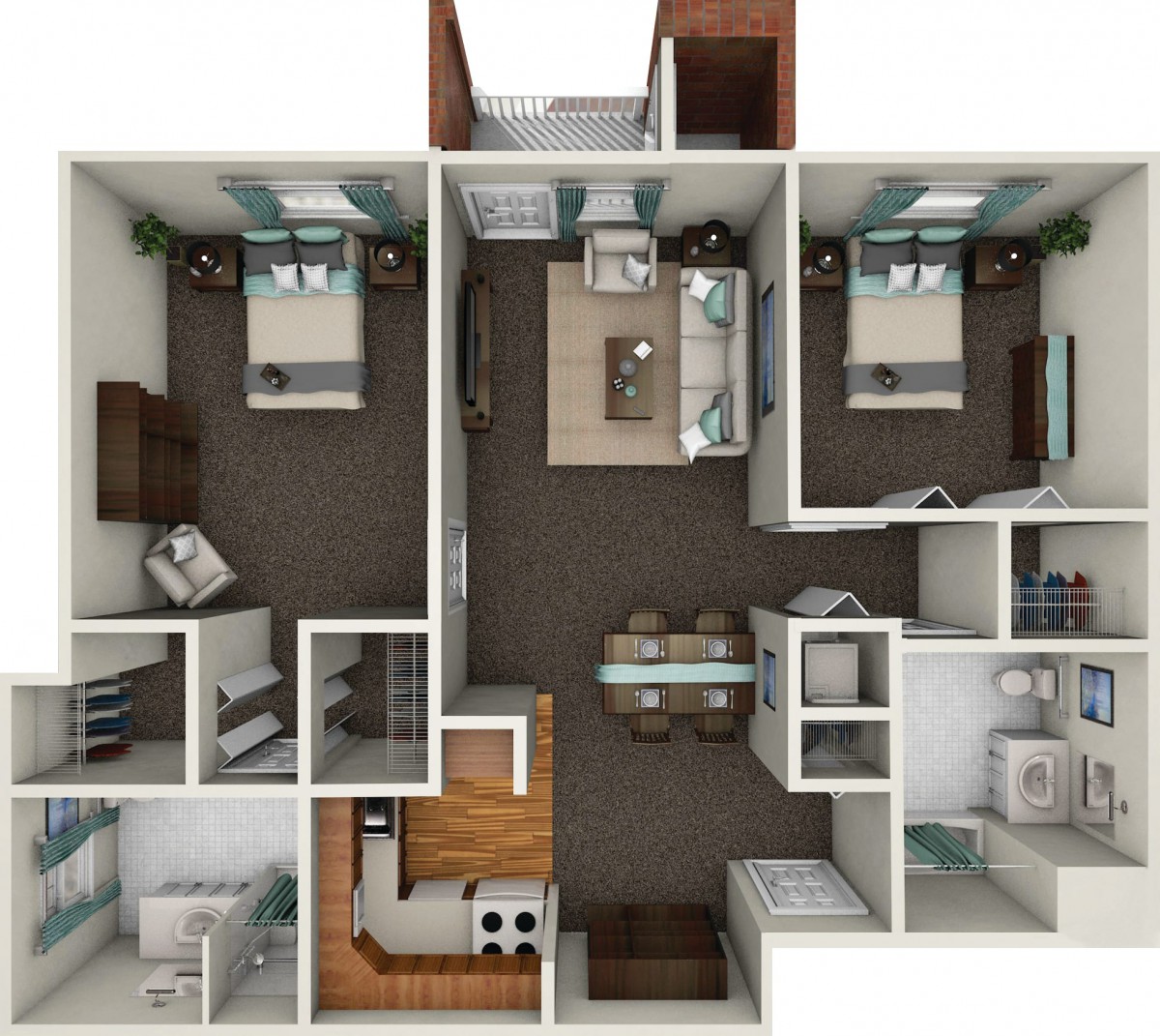 A detailed floor plan of an apartment featuring multiple rooms, including bedrooms, a living room, and a kitchen.