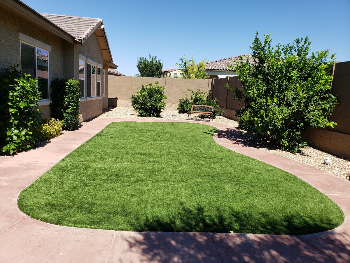 A sunny suburban backyard with a well-maintained lawn and patio area.