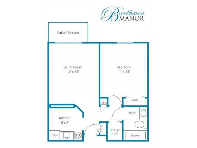 Floor plan of an apartment at Brookhaven Manor, showing the layout of a living room, bedroom, kitchen, bathroom, and patio/balcony.