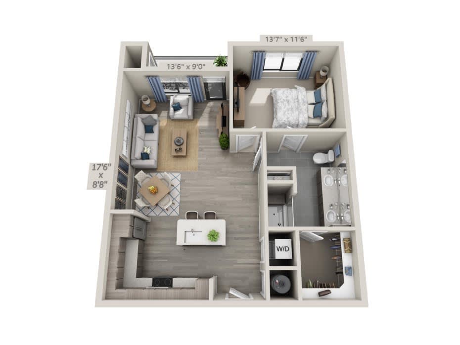 A 3D floor plan depicting a modern apartment layout with designated areas for living, dining, kitchen, bedroom, and bathroom.