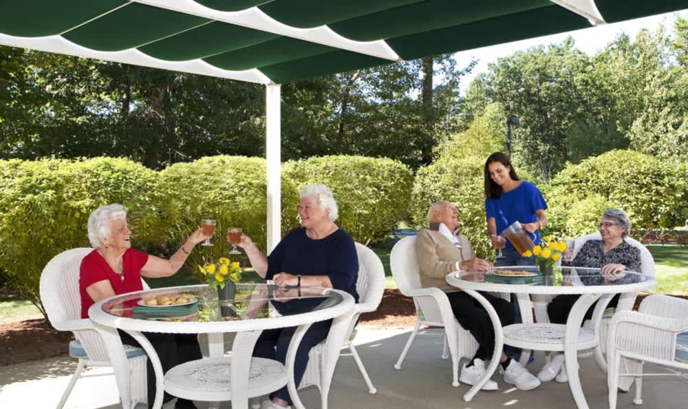 People enjoying a relaxed gathering outdoors under a shaded patio.