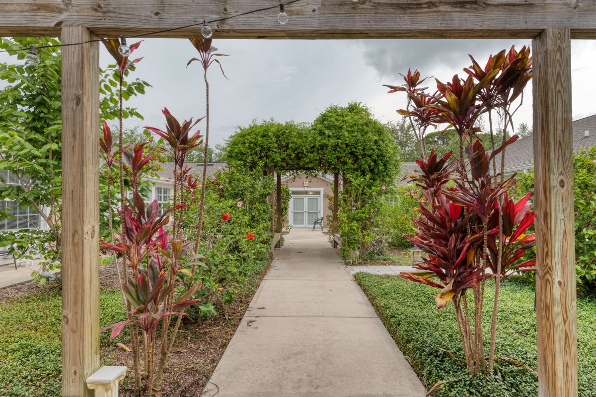 A scenic garden pathway with arched greenery and vibrant plants.