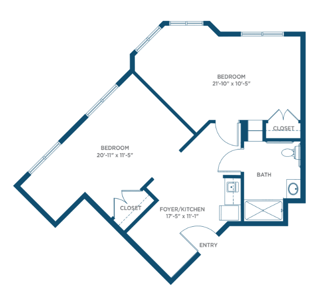 A floor plan depicting the layout of a one-bedroom apartment.
