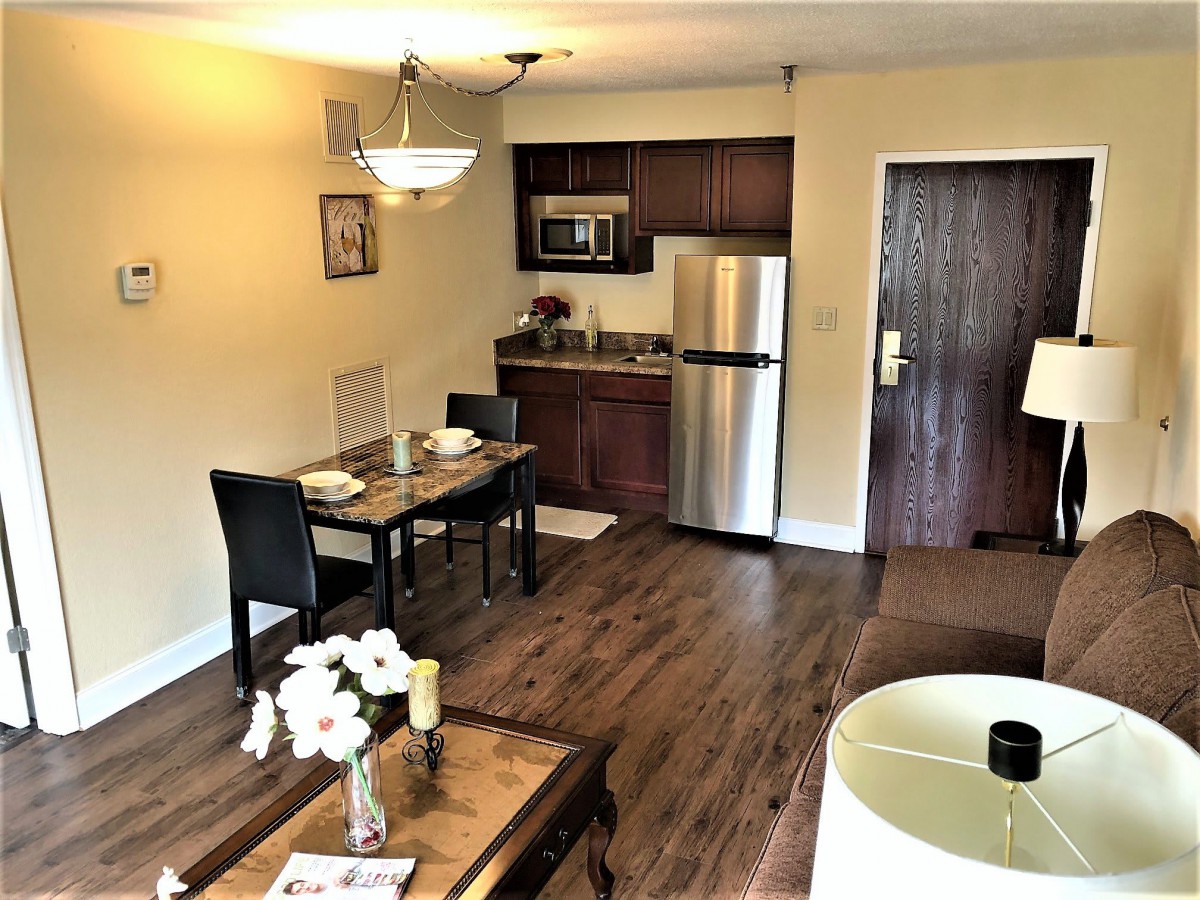A modern apartment interior featuring a cozy living room and kitchen area with dining setup.