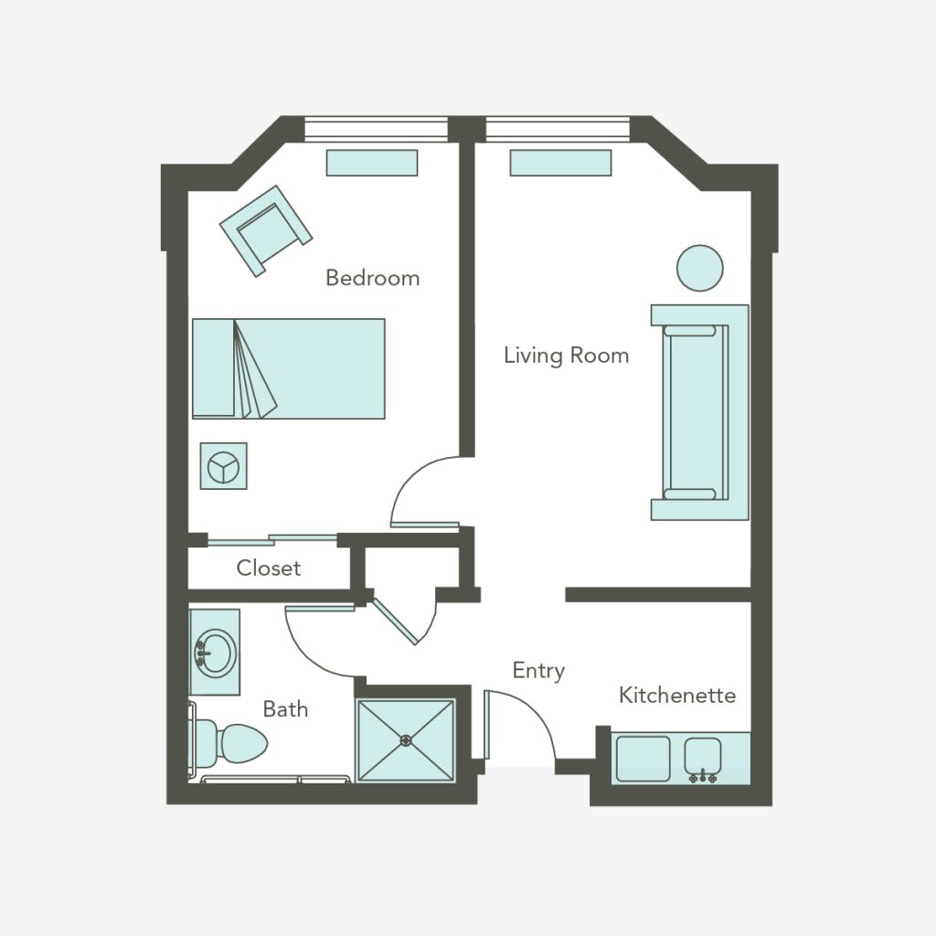 A simple floor plan showing the layout of a one-bedroom apartment with designated areas for a living room, bedroom, kitchen, and bathroom.