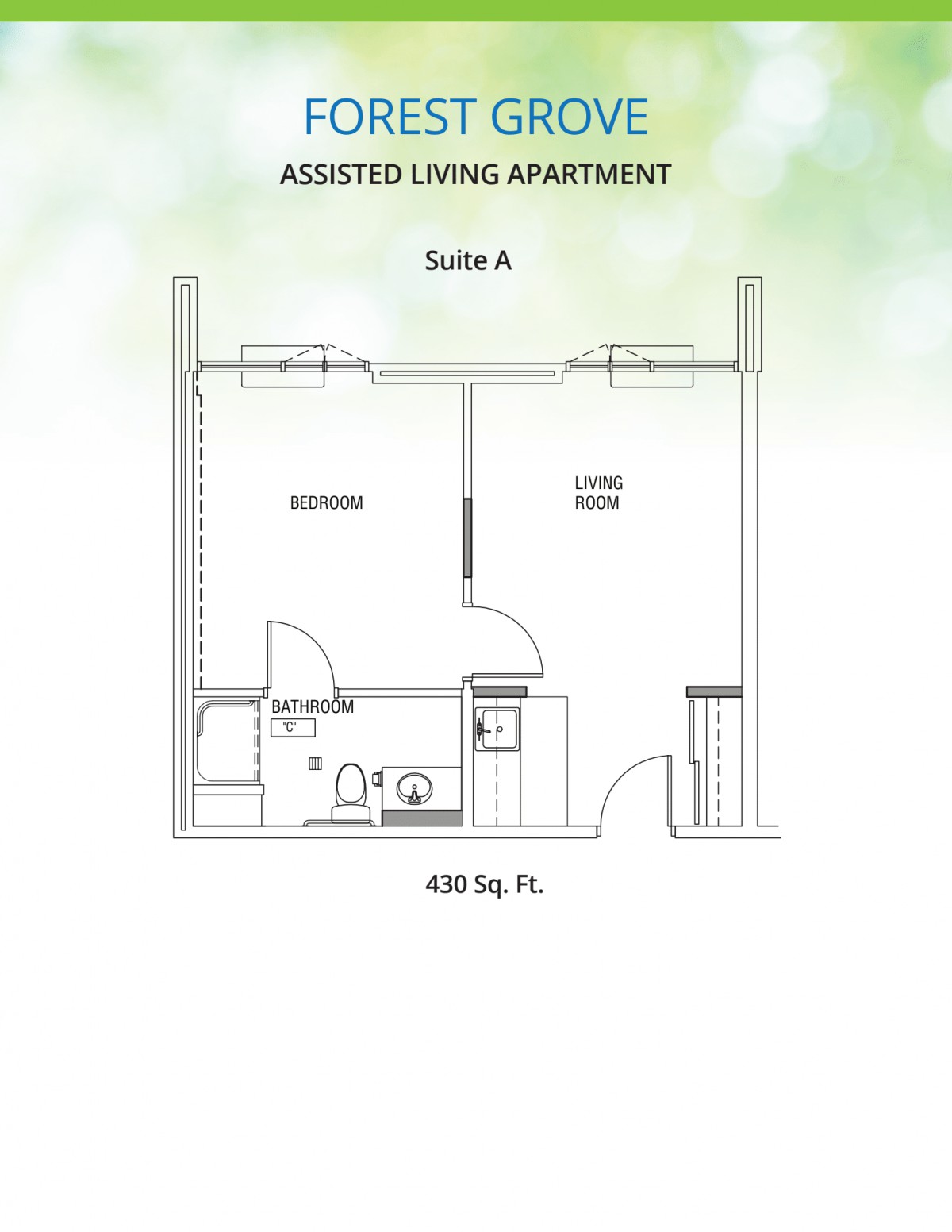 Floor plan of an assisted living apartment, Suite A, measuring 480 square feet.