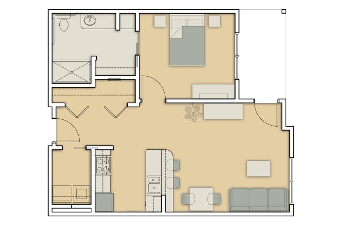 A detailed floor plan of an apartment showing the layout of rooms and furniture.