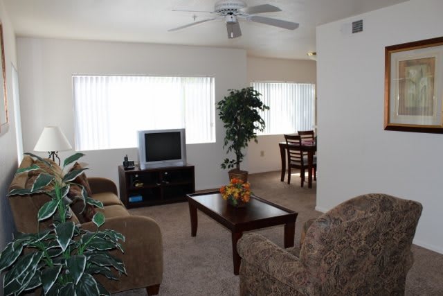 A cozy living room with a television, coffee table, and sofas, adjacent to a dining area.
