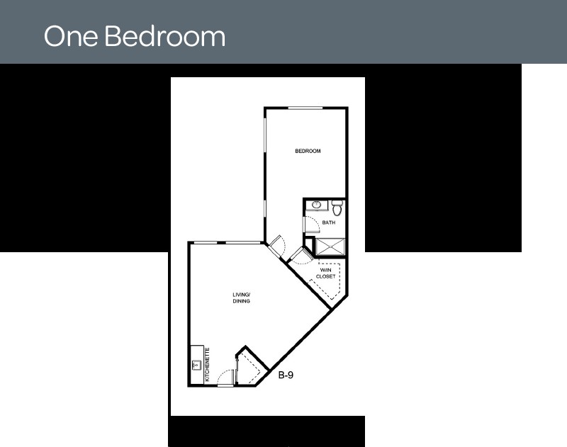 Floor plan of a one-bedroom apartment layout.
