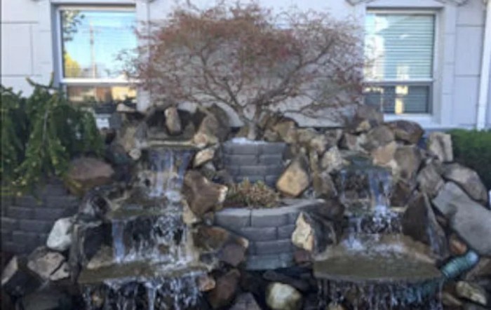 A small waterfall cascading over rocks with a tree on top.