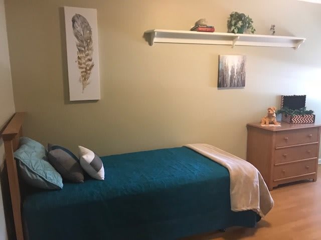 A tranquil massage room with a neatly made bed and soothing decor.
