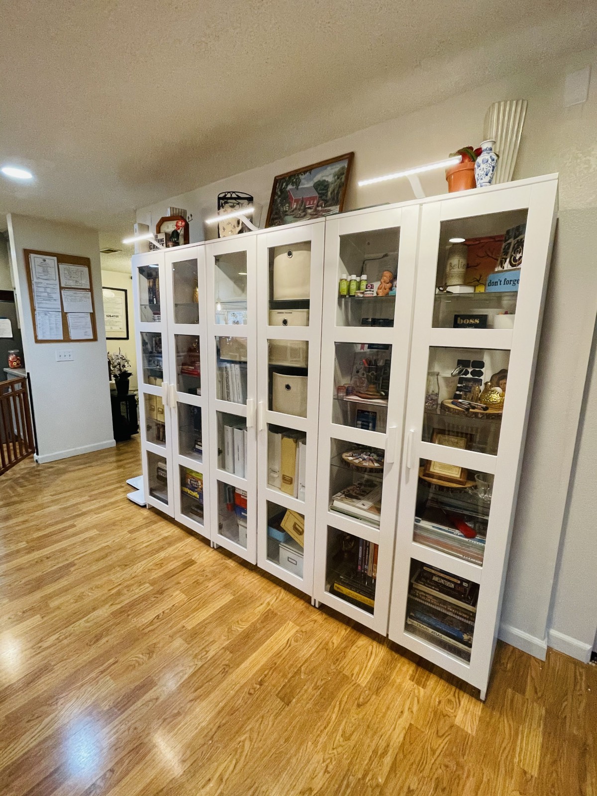 A well-organized bookshelf unit with glass doors in a neatly arranged room with wooden flooring.