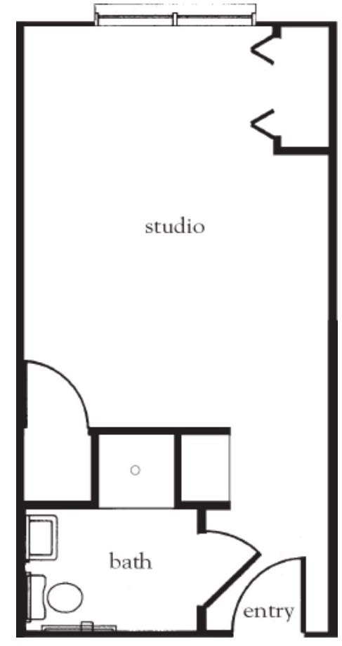 A floor plan of a studio apartment showing room layout.