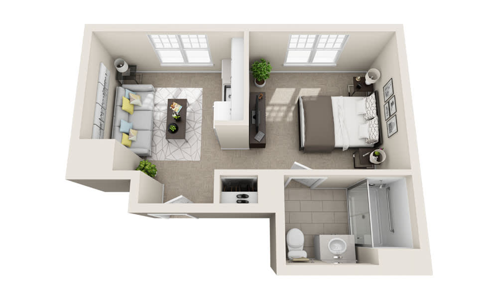 A one-bedroom apartment floor plan featuring a living room, kitchen, and bathroom.