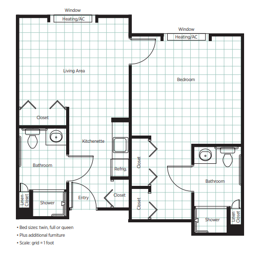 A floor plan of a two-bedroom apartment featuring a living room, kitchen, and two bathrooms.