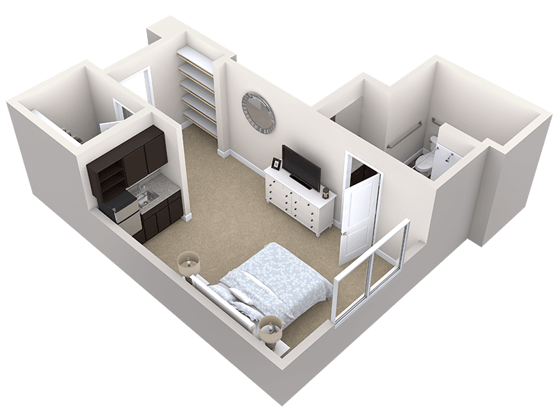 A 3D floor plan of a small studio apartment with a bedroom, kitchen, and bathroom.