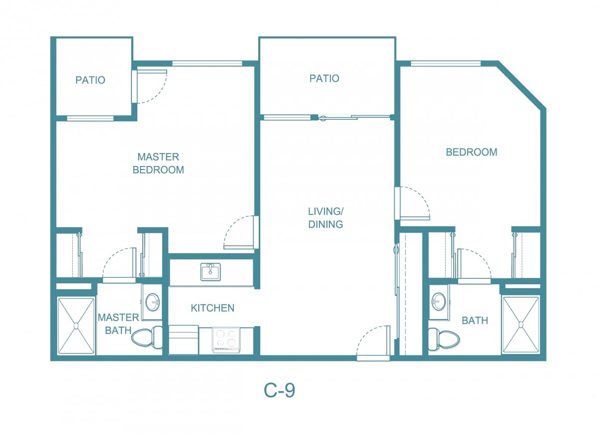 A floor plan of a two-bedroom apartment with labeled rooms and amenities.