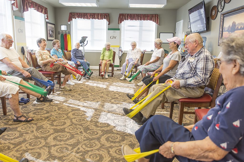 A group of seniors participating in an indoor exercise session using resistance bands.