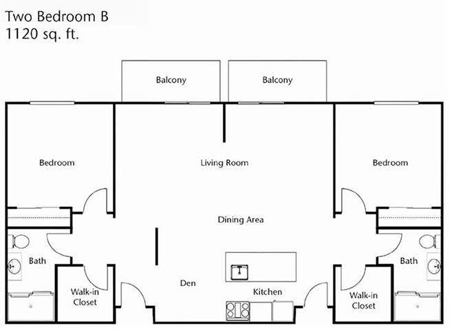 A floor plan of a two-bedroom apartment with living and dining areas, kitchen, balconies, and walk-in closets.