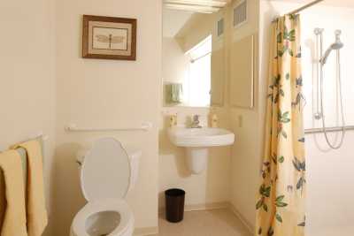 A clean bathroom with a toilet, sink, and shower curtain.