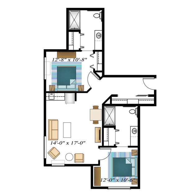 A floor plan of an apartment featuring two bedrooms, a kitchen, and a living area.