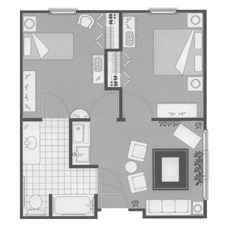 A detailed floor plan of a two-bedroom apartment with a living room, kitchen, and bathroom.