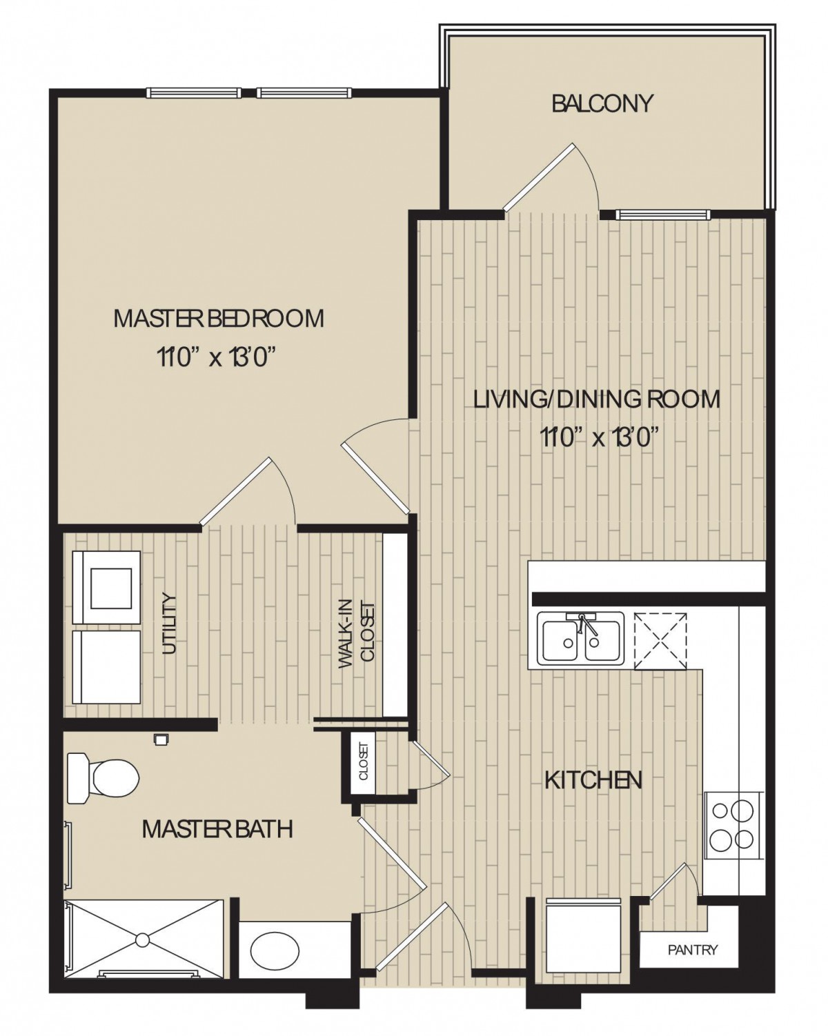 A detailed floor plan of a one-bedroom apartment, showcasing the living/dining room, kitchen, master bedroom, and bathroom.