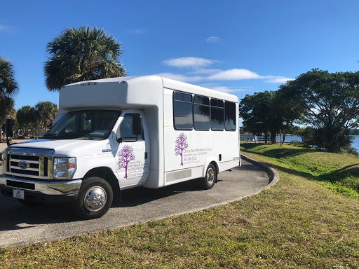 A white bus parked in a scenic outdoor location with palm trees and blue skies.