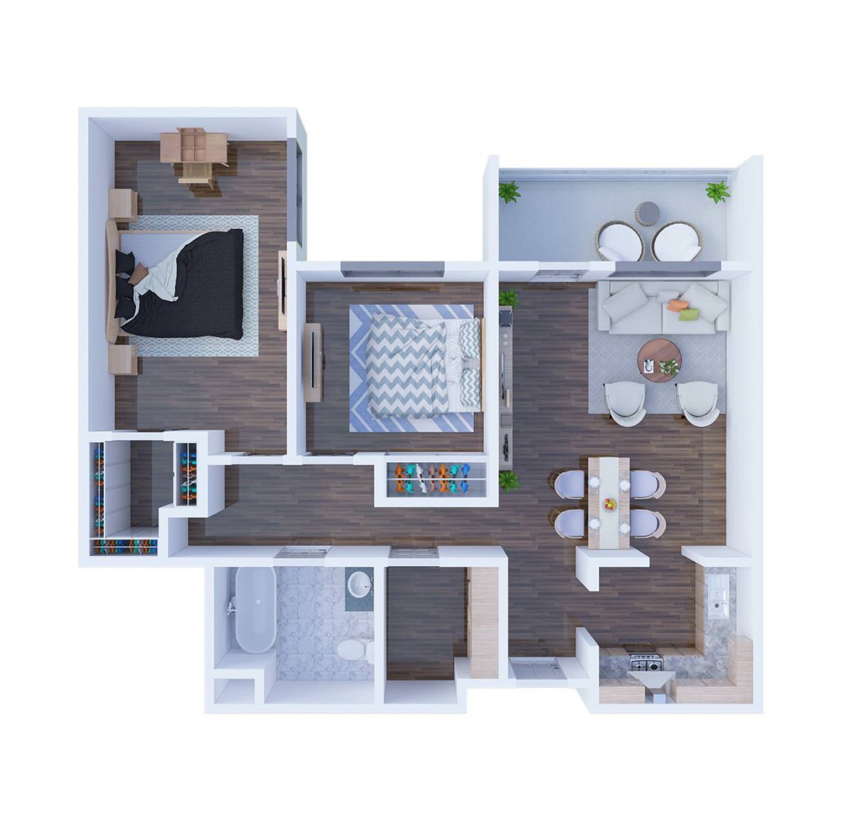 A 3D-rendered floor plan of an apartment showcasing various rooms including a living area, dining space, kitchen, bedroom, and balcony.