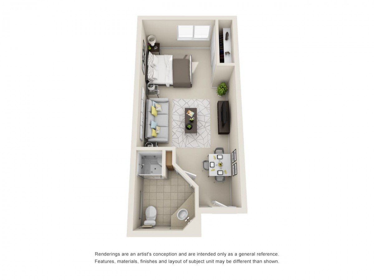 A 3D rendered floor plan of a small apartment, showcasing the layout with furnished living areas.