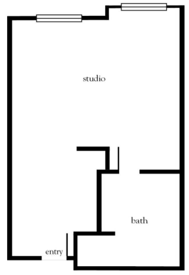 A simple floor plan of a studio apartment with a bathroom.