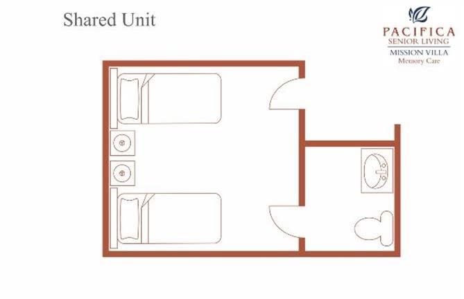 A floor plan layout of a shared living unit featuring two beds and a bathroom.