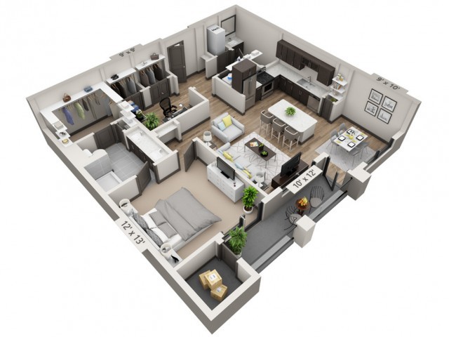 A 3D rendered floor plan of a modern apartment featuring two bedrooms, an open-plan kitchen and living area, and two bathrooms.