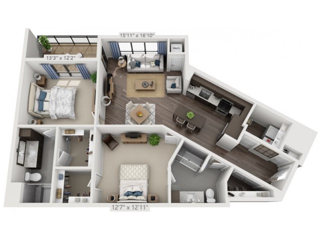 A 3D rendered floor plan of a modern apartment layout featuring a living room, two bedrooms, and a kitchen.