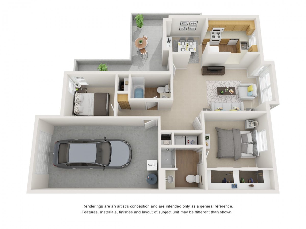 A 3D floor plan depicting a modern apartment with two bedrooms, a bathroom, living room, kitchen, and a garage.