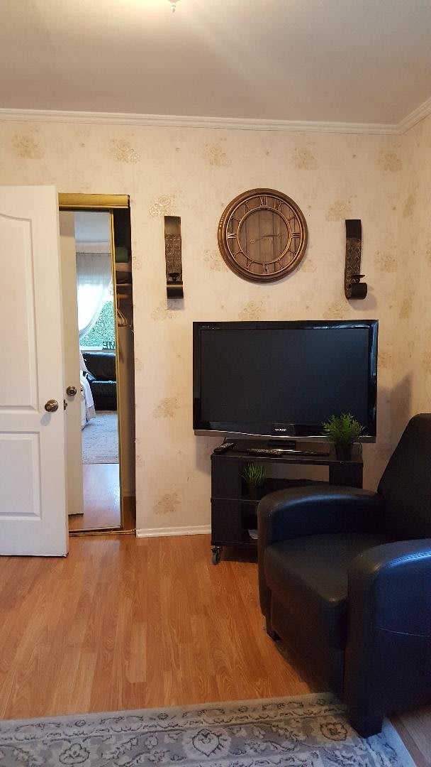 A cozy living room featuring a television, armchair, and decorative wall elements.