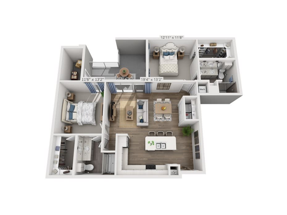 3D floor plan of a modern apartment featuring two bedrooms, a living area, kitchen, and two bathrooms.