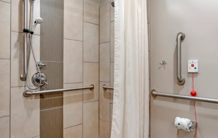 A bathroom shower area designed for accessibility, featuring tiled walls and safety grab bars.