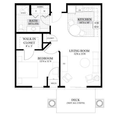 This image shows a floor plan of a two-bedroom apartment including a living room, kitchen, bathroom, and walk-in closet.