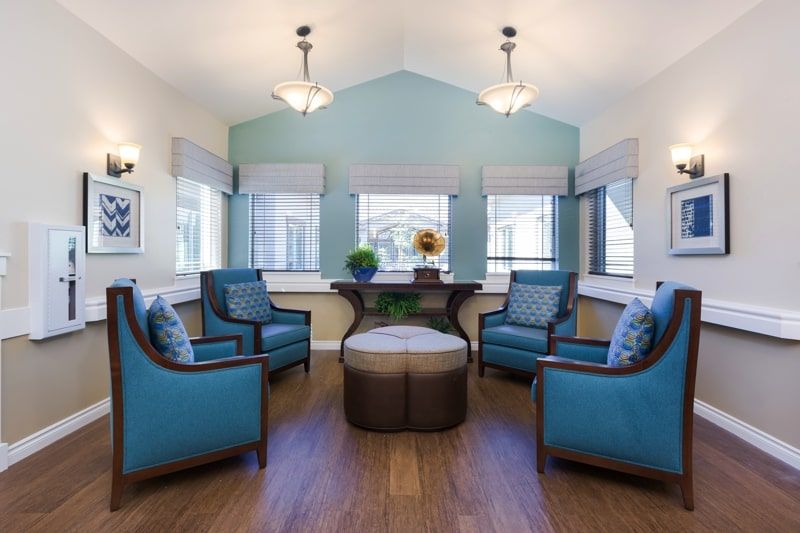 A modern living room with blue accented chairs and ample natural light.