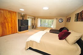 A spacious bedroom with a large bed, television, and ample natural light from the windows.