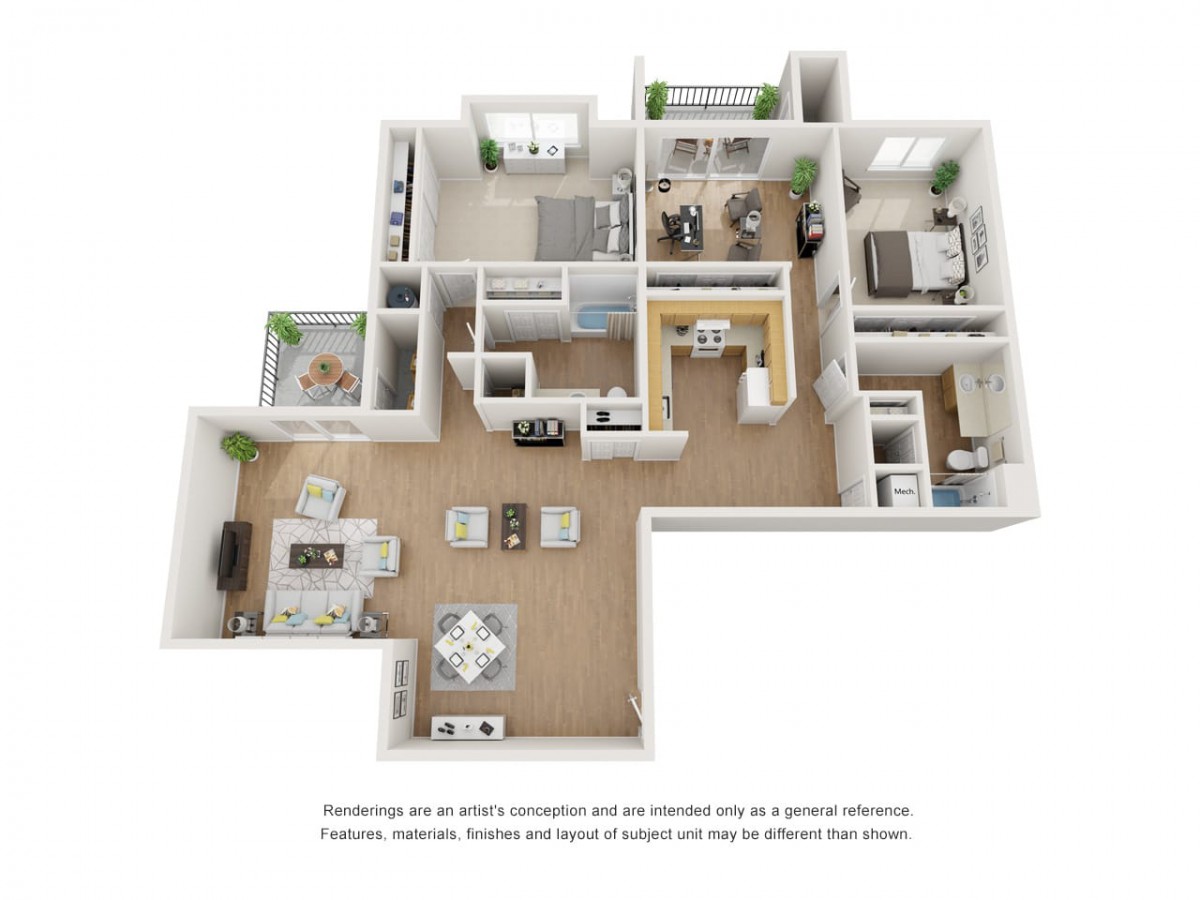 A 3D floor plan of a modern apartment featuring multiple rooms and amenities.