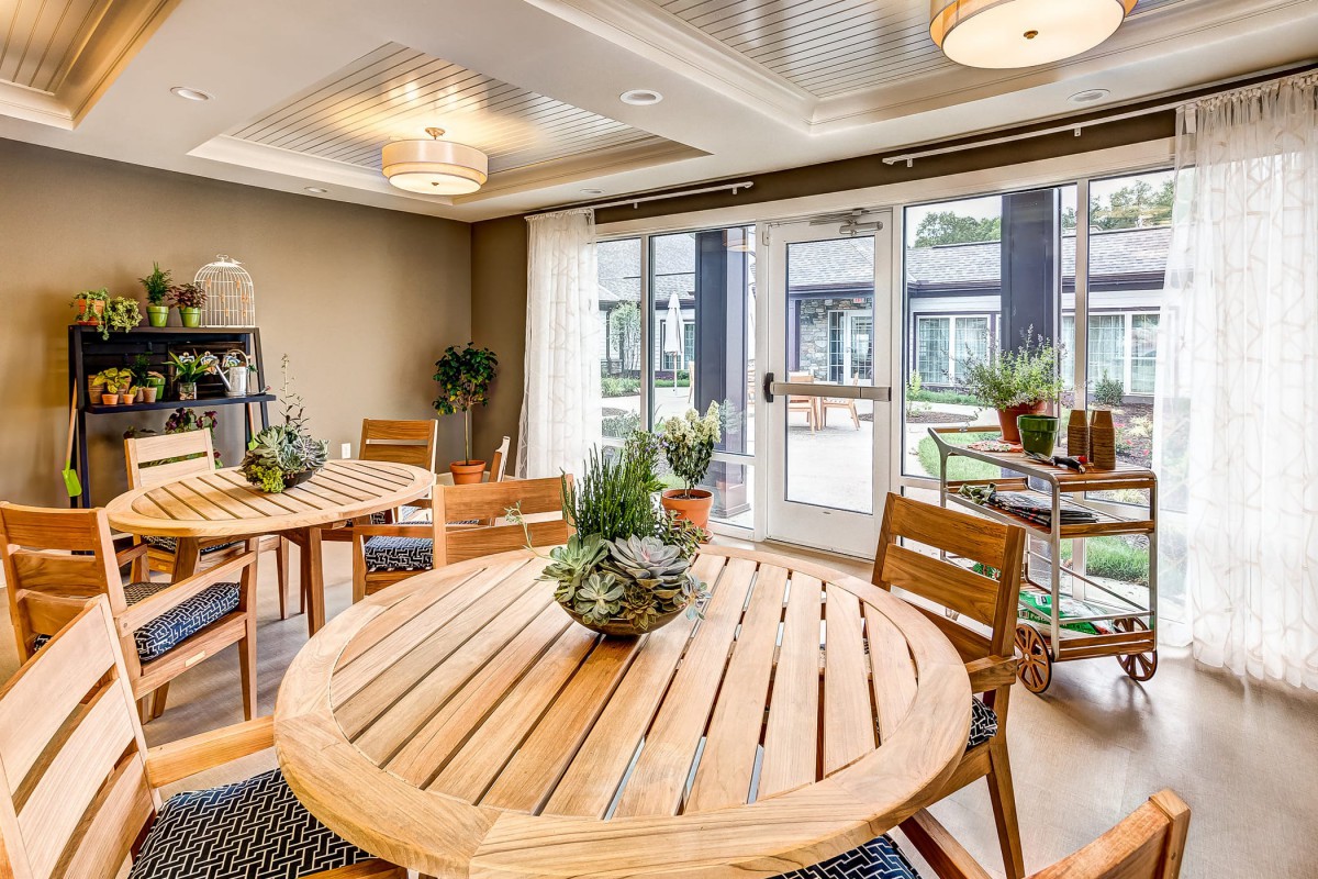 A modern dining area featuring wooden round tables, potted plants, and ample natural lighting.