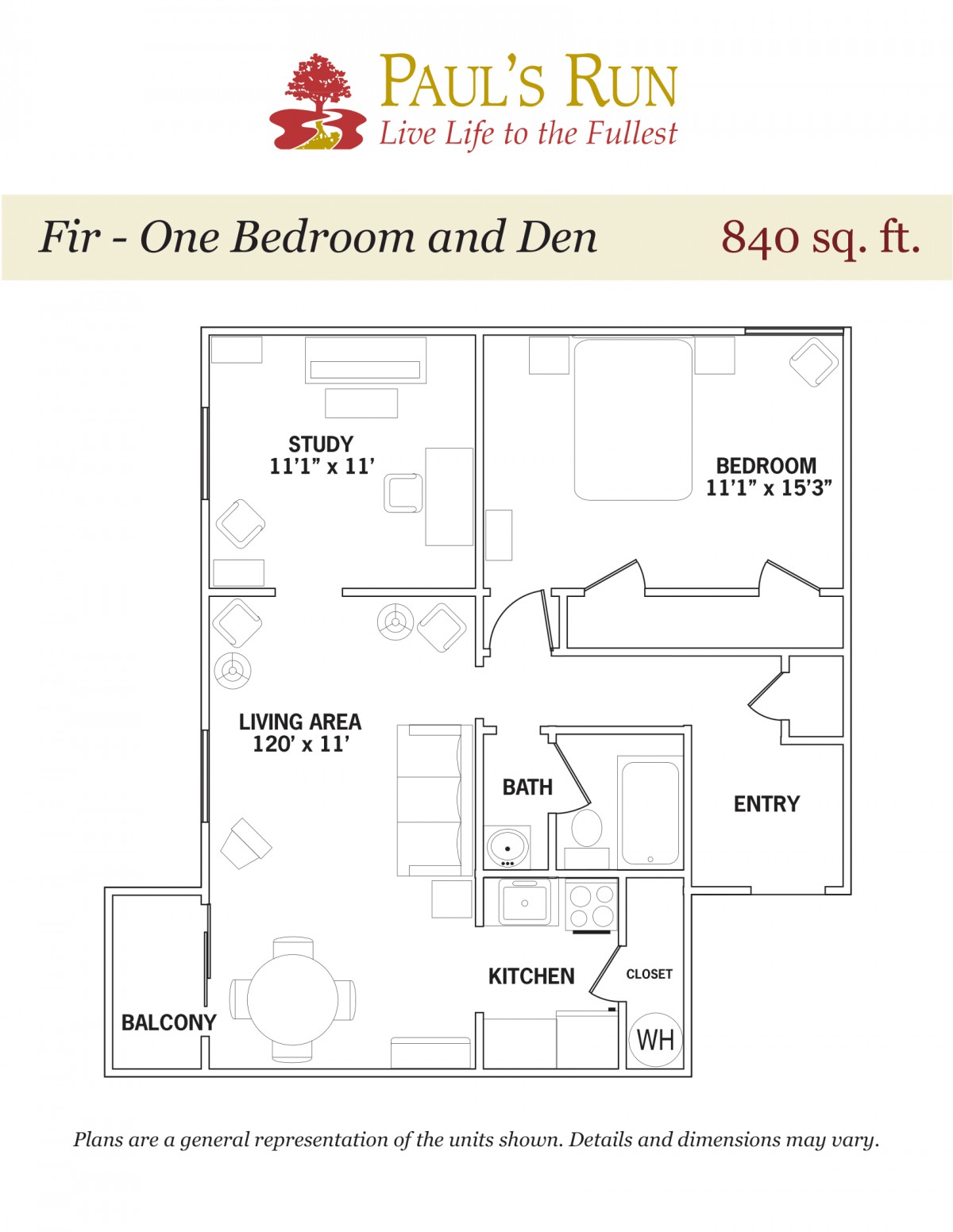 Floor plan of a one-bedroom and den apartment with 840 square feet, including a living area, kitchen, bathroom, and balcony.