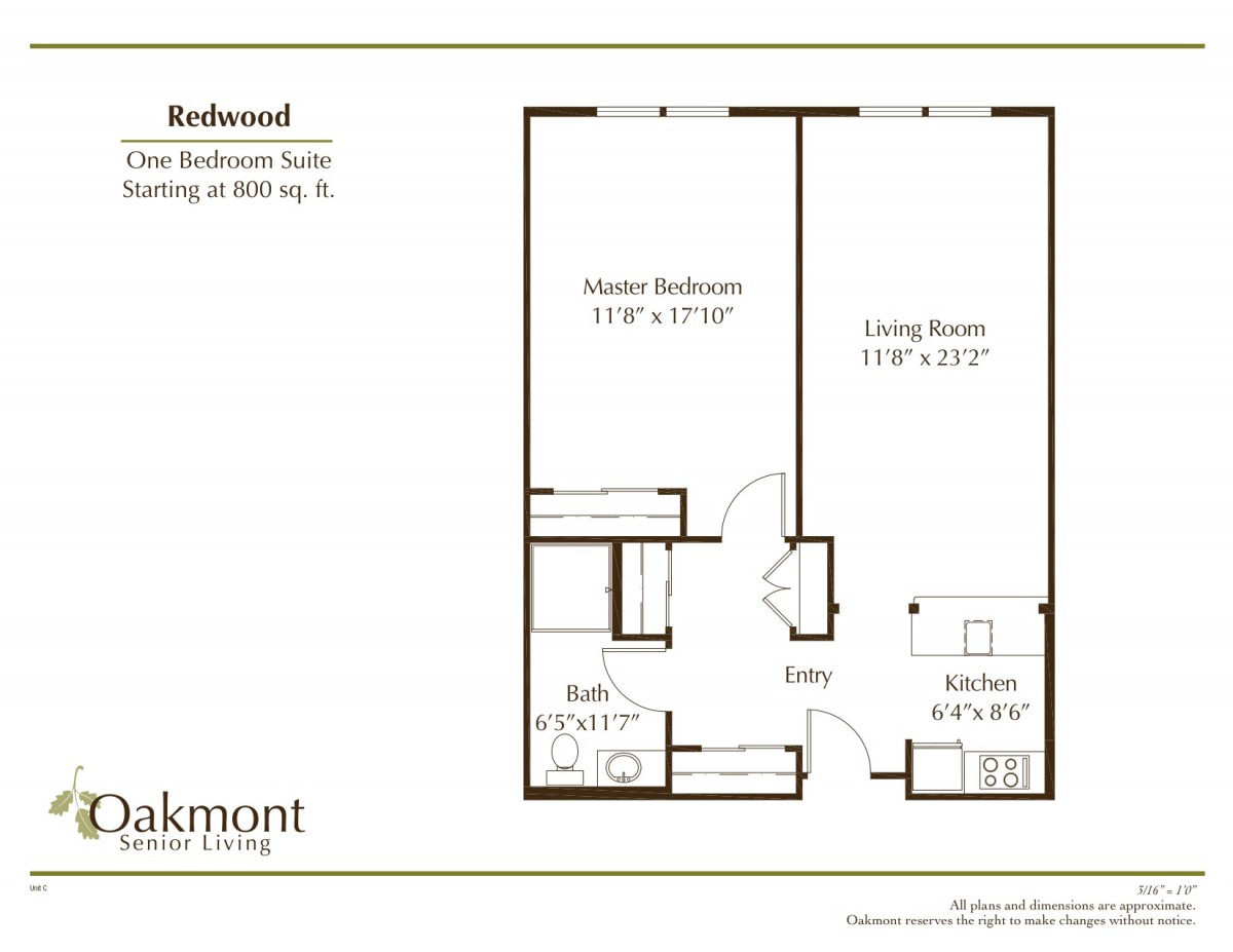 Floor plan of the Redwood apartment featuring a one-bedroom layout with a living room, kitchen, and bathroom.